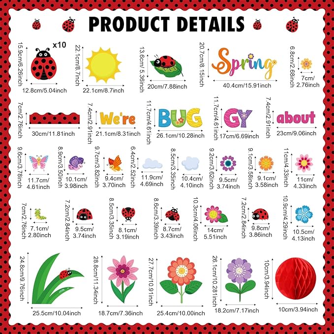 Pajean 73 Pcs 3D Spring Bulletin Board Decorations with Ladybug Honeycomb Spring Bulletin Board Set Colorful Flowers Floral Cutouts for Holiday School Office Home Nursery Wall Decor Supplies