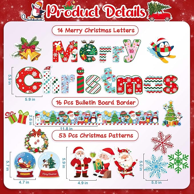 Merry Chritmas Bulletin Board Decoration Set - 83 Pcs Christmas Cutouts for Bulletin Board Decor with Border Xmas Holiday Wall Decals for Kids Teacher Classroom School Party Decoration Supplies