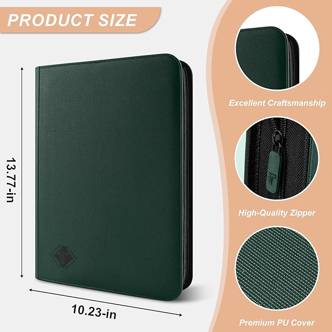Trading Card Binder, Card Binder Album Folder Book Fit for MTG Baseball Football Sports Cards, Easy to Use Card Collection Binder (Green, 432 Pockets)