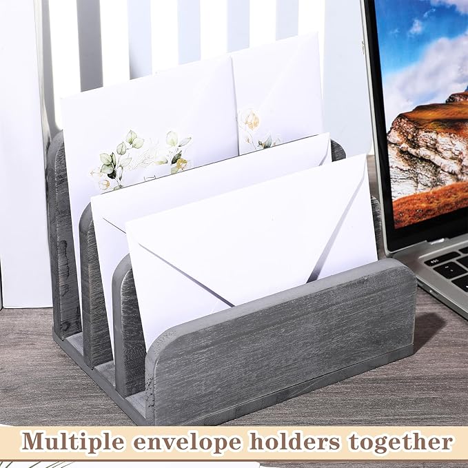 Wooden Mail Holder 3 Slots Mail Organizer for Desk Wood File Paper Letter Sorter for Letter Envelope Filing Cell Phone Document Storage, Organizer Tray for Office and Home (Grey)