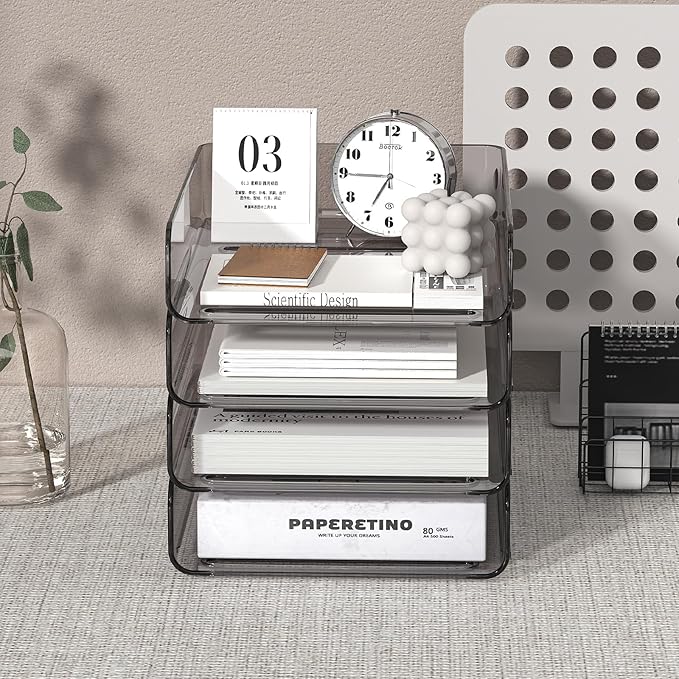 Clear Paper Organizer - Brown Acrylic Stackable Paper Tray for Desk, 4-Tier Letter Tray Organizer with Smooth Edges and Rounded Corners