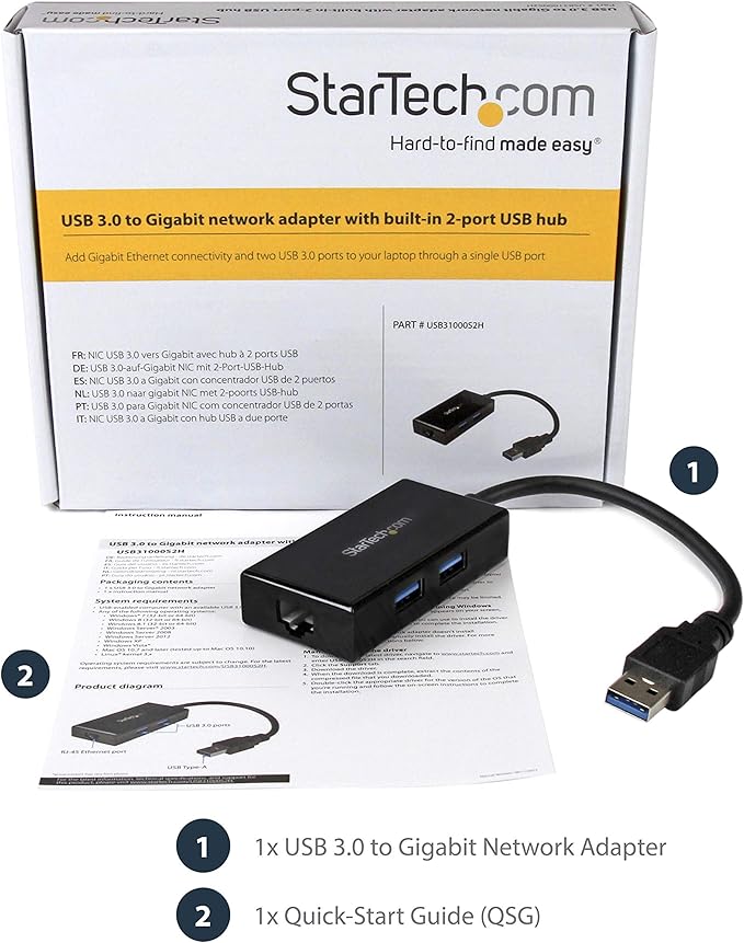 StarTech.com 2 Port USB 3.0 Hub with Ethernet - USB 3.0 x 2 - Gigabit Ethernet Network Adapter for Windows/Mac/Chrome (USB31000S2H) Black