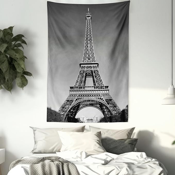 Ambesonne Eiffel Tower Tapestry Queen Size, Paris Landmark Monochrome Picture of Cityscape European Urban Famous Place Image, Wall Hanging Bedspread Bed Cover Wall Decor, 88" X 88", Grey