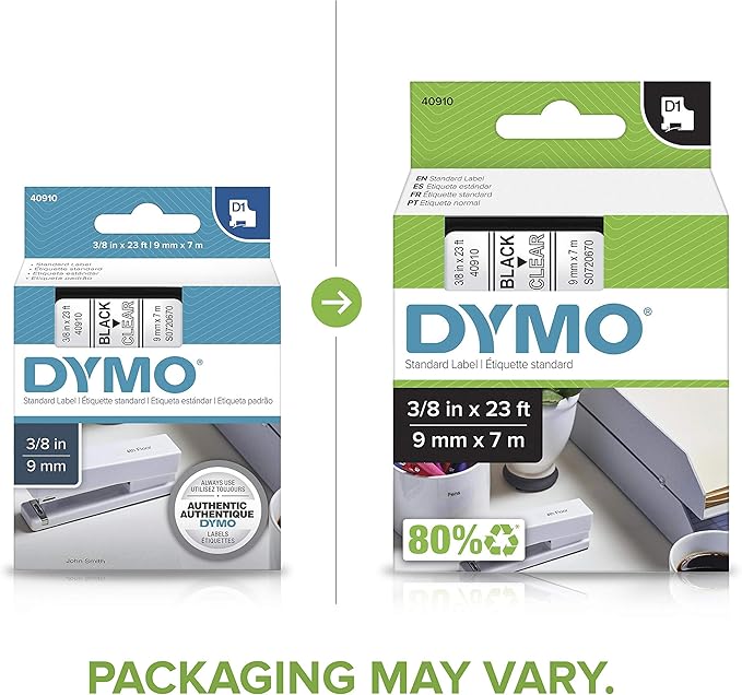 DYMO Standard D1 40910 Labeling Tape (Black Print on Clear Tape, 3/8'' W x 23' L, 1 Cartridge), DYMO Authentic