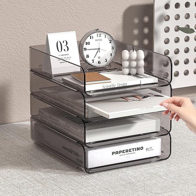 Clear Paper Organizer - Brown Acrylic Stackable Paper Tray for Desk, 4-Tier Letter Tray Organizer with Smooth Edges and Rounded Corners