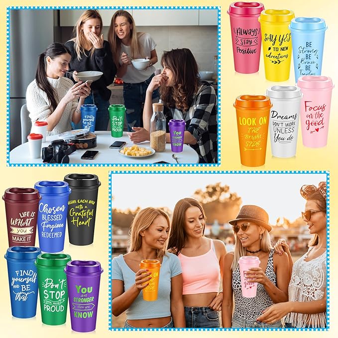 72 Pcs Inspirational Gifts for Employee Coworkers Staff Teammate, 16oz Reusable Plastic Coffee Cups with Positive Sayings, Bundle Gifts for Woman Man Coworker (Bright Color,Inspirational)
