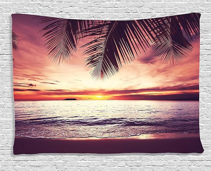 Ambesonne Palm Tree Tapestry, Tropical Beach Under Shadows at Sunset Ocean Waves Serenity of Paradise in Nature, Wide Wall Hanging for Bedroom Living Room Dorm, 60" X 40", Yellow Purple