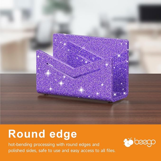 Beego Envelope and Mail Organizer Countertop - Glitter Purple Acrylic Desk Organizer Letter Holder Desktop File Sorter Bill Document Folder Rack for Office, Home, School Desk Organization