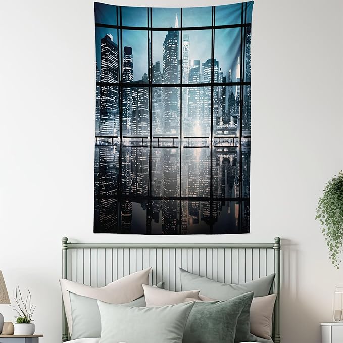 Ambesonne Modern Tapestry, Modern New York City Scenery at Night with Skyscrapers Buildings Print, Fabric Wall Hanging Decor for Bedroom Living Room Dorm, 23" X 28", Black Blue