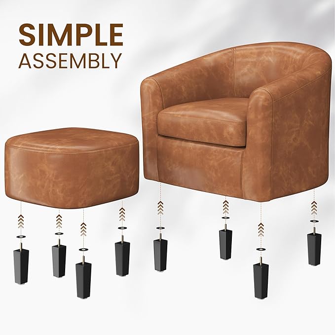 Yaheetech Accent Chair with Ottoman Foot Rest, PU Leather Mid Century Modern Upholstered Soft Barrel Chair Comfy Armchair and Footrest Set for Living Room/Bedroom/Reading Room, Brown, Set of 2