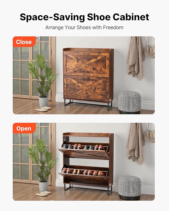 VEVOR Shoe Cabinet with 2 Flip Drawers, Farmhouse Shoes Storage Cabinet with Metal Legs and Anti-Tipping Device, Freestanding Shoe Organizer Ideal for Entryway, Hallway, Bedroom, Living Room, Brown