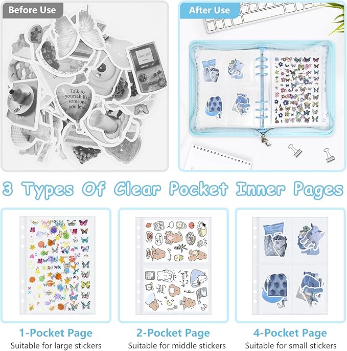 Sticker Storage Organizer Binder A5 Sticker Collecting Book Reusable Zipper Album with Clear Laser Star Cover and Pocket Pages (Blue)
