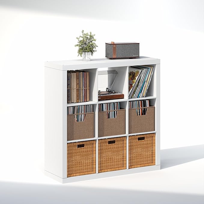 Furinno Cubicle Record Player Stand with Vinyl Storage, 9-Cube Vinyl Record Storage, 1.65" Triple Thick Open Back Media Shelf for CD DVD Blueray Game Disc, for Living Room, Home Office, White