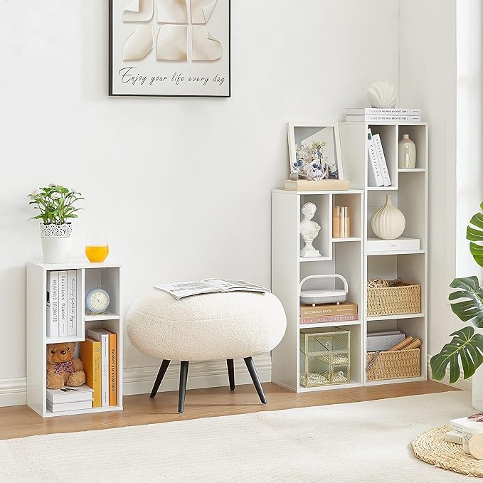 VECELO Small White Bookshelf, 5 Cube Slim Bookcase, Fits Tallest Hardcovers, Horizontal Available, Modern Floor Standing Unit, Each Shelf Hold Up to 66 LBS,White