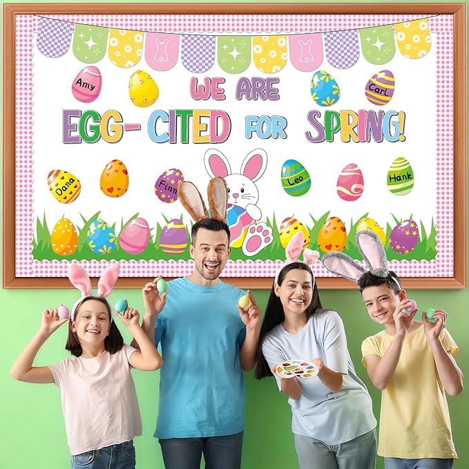 Easter Bulletin Board Decoration Set Spring Bunny Writable Easter Egg Paper Cutouts We are Egg Cited for Spring Classroom Decoration for Party School Classroom Home Nursery Chalkboard Wall Decor