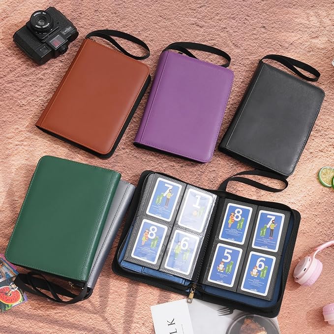 Wonderpool Card Binder A5 Album Zippered 4-Pocket Trading for 240 Cards - Leather PU Card Holder Collection Storage Folder, Side-Loading for Photo Pokemon, MTG, TCG, Yugioh, Sports Cards (Black)