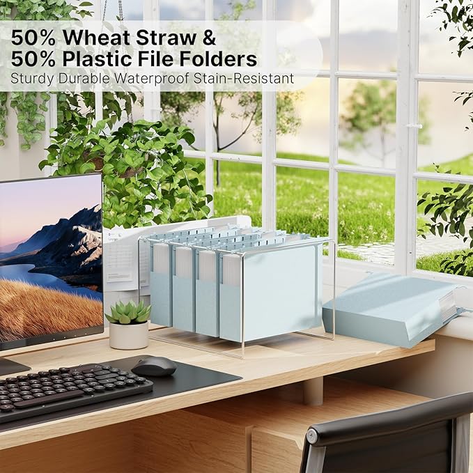 XINGIA Wheat Straw Plastic Hanging File Folders Letter Size, 2'' Expansion Extra Capacity Filing Cabinet Folders with Tabs, 12 Pack Reinforced Accordion File Organizer for Office School(Morandi Blue)