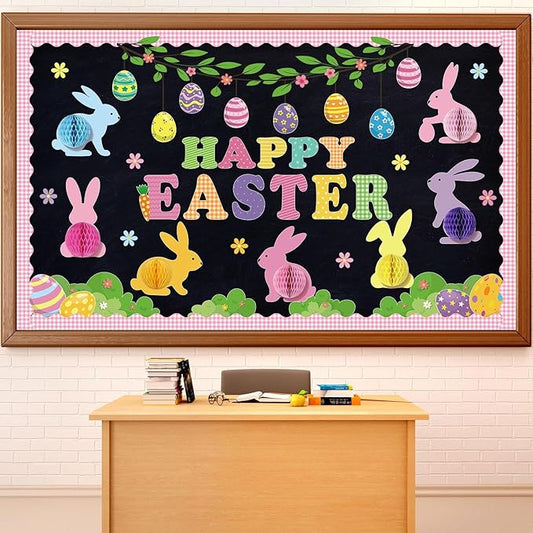 Pajean Happy Easter Bulletin Board Set 3D Honeycomb Classroom Decoration Easter Bunny Egg Cutouts Spring Bulletin Board Classroom DIY Craft Kit for Party School Chalkboard Home Door Wall Window
