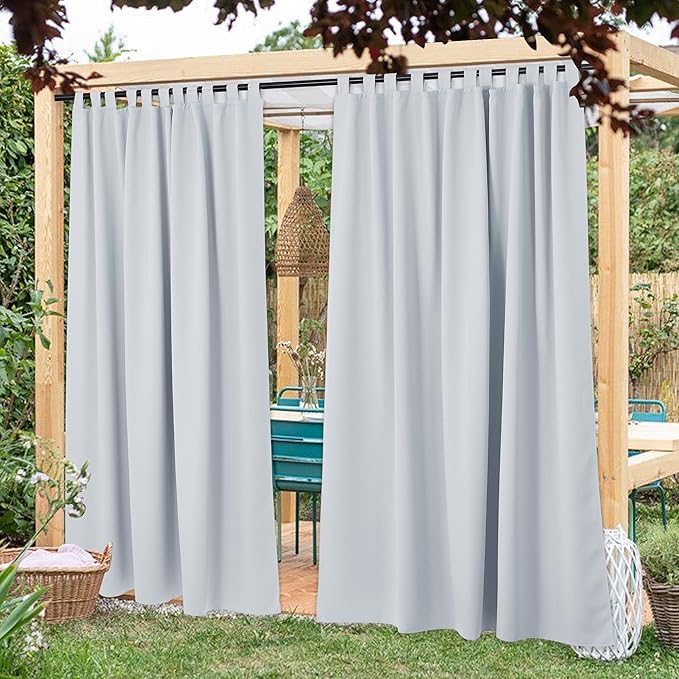 NICETOWN 2 Panels Outdoor Curtainss for Patio Waterproof 84 inch Long, Detachable Tab Top Room Darkening Outdoor Indoor Slider Blinds Window Treatment for Shower/Balcony, Greyish White, 84" Wide