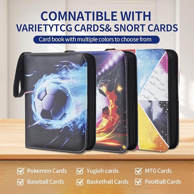 Card Binder – 400 Capacity, Zippered Trading Card Holder for MTG, Sports & Collectible Cards – Acid-Free, Durable & Travel-Friendly Storage (Blue Football, 4 Pocket)