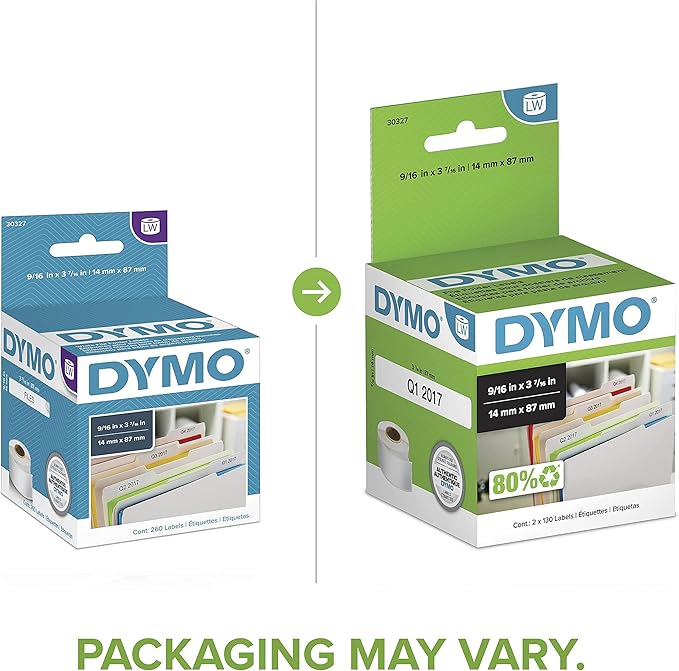 DYMO Authentic LW 1-Up File Folder Labels for LabelWriter Label Printers, White, 9/16" x 3-7/16", 2 Rolls of 130 (260 Total)