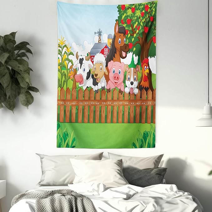 Ambesonne Cartoon Tapestry Twin Size, Composition Farm Animals on Fence Comic Mascots Dog Cow Horse Design, Wall Hanging Bedspread Bed Cover Wall Decor, 68" X 88", Green Multicolor