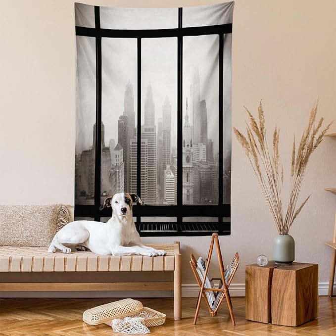 Ambesonne City Tapestry, Philadelphia City Rooftop View Through Window Skyline Landmark Rooftop Travel, Fabric Wall Hanging Decor for Bedroom Living Room Dorm, 30" X 45", Grey Black