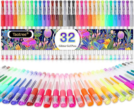 Taotree Glitter Gel Pens, 32 Colors Neon Glitter Pens Fine Tip Art Markers Set 40% More Ink Colored Gel Markers for Adult Coloring Book, Drawing Art Supplies, Scrapbook, Journaling, Sparkle Gifts