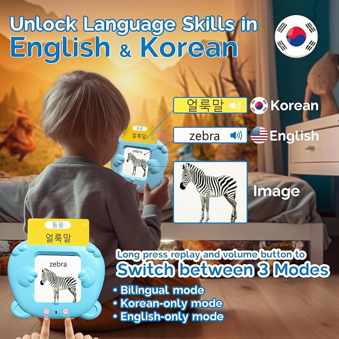 English Flash Cards Bilingual - Korean Talking Flash Cards for Kids, Pocket Speech for Toddlers 3-12, 510 Sight Words of 31 Varieties, Sensory Toys Children with Autism (Korean, Blue)