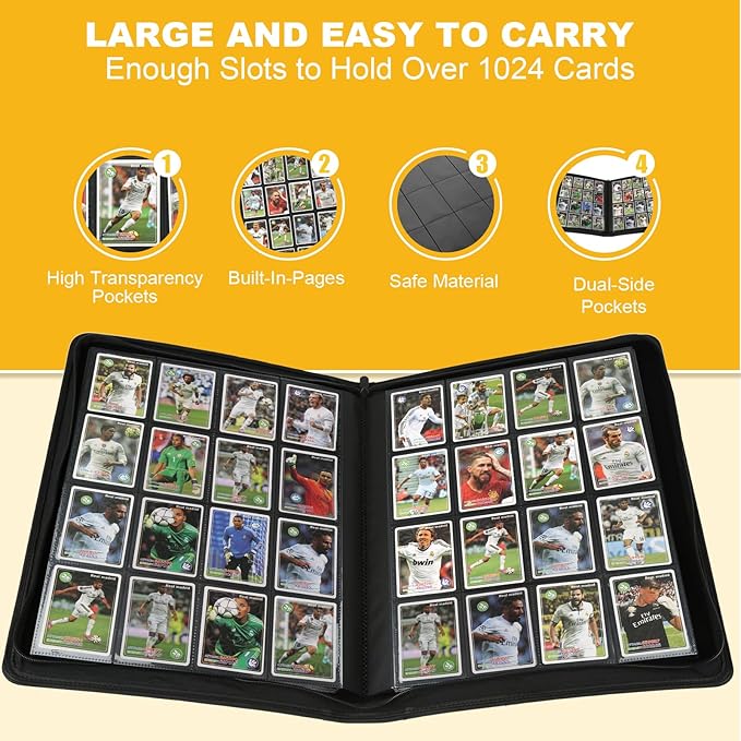 PU Card Binder - 16 Pocket, Premium Holder Folders for 1000+ Cards, Double Sided Pocket Album for MTG, TCG (Black)