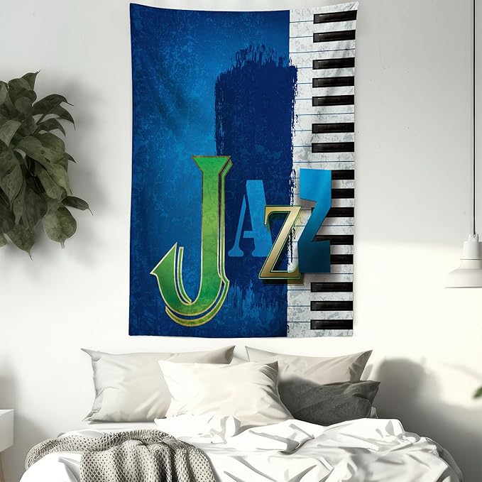 Ambesonne Jazz Music Tapestry Twin Size, Abstract Cracked Background Piano Keys Themed Print Rhytym Image, Wall Hanging Bedspread Bed Cover Wall Decor, 68" X 88", Navy Green White