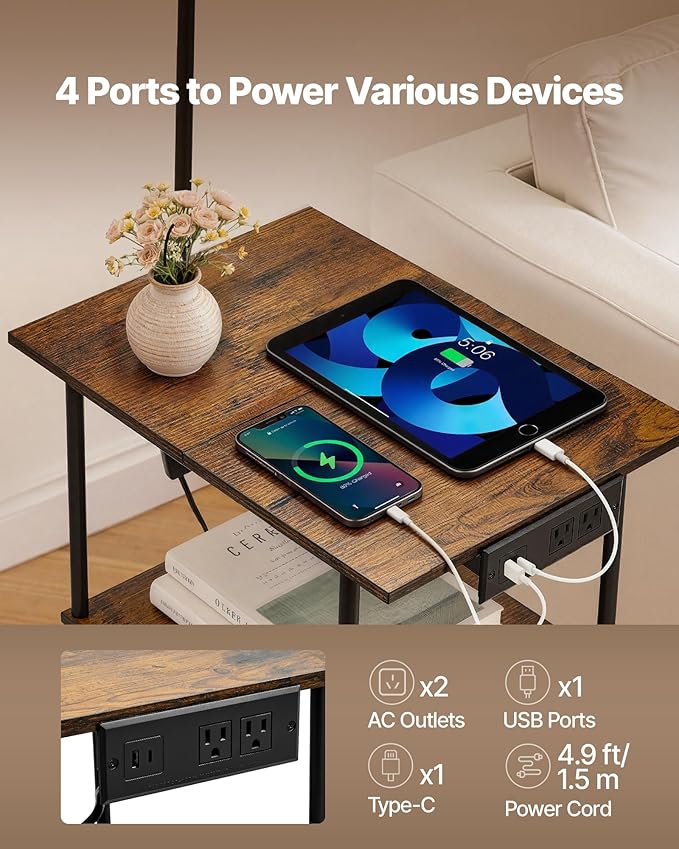 VEVOR Floor Lamp with Table, Narrow 3-Tier End Table with Open Shelves & 3 Color Temperature Lighting, Side Nightstand Bedside Desk with USB & Type C & AC Charging Port for Living Room, Bedroom, Dorm