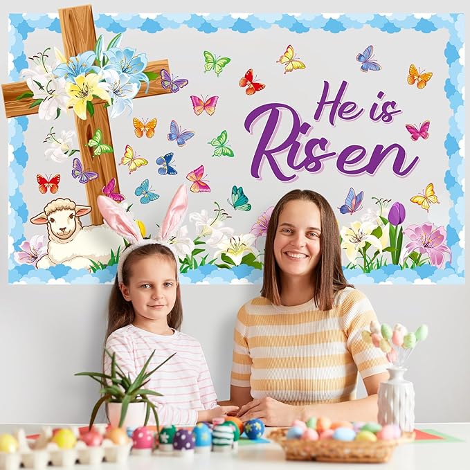 Pajean Easter Bulletin Boards Easter Classroom Decor Christian Religious Bulletin Board He is Risen Cross Bunny Egg Cutouts for Spring School Home Church Wall Door(Butterfly)