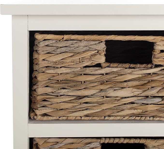 SAFAVIEH Home Collection – Connery Distressed Vintage White Storage Cabinet with Rattan Baskets & Bottom Door, Farmhouse Accent Storage, Fully Assembled (AMH5742B)