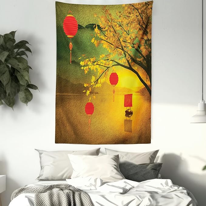 Ambesonne Oriental Tapestry, Traditional Chinese Folk Hanging from Pale Fall Trees Lake Faded Nature Photo, Fabric Wall Hanging Decor for Bedroom Living Room Dorm, 23" X 28", Yellow Green