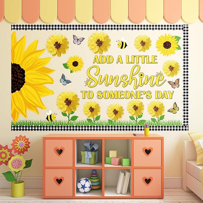 Pasimy Spring Bulletin Board Decorations 3D Sunflower Bulletin Board Set Bee Classroom Decor Honeycomb Butterfly Flower Cutouts Spring Borders for Home Office Wall Door Window Supplies(Sunflower)