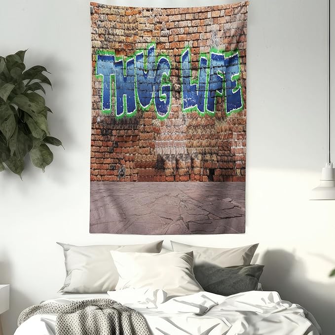 Ambesonne Thug Life Tapestry Queen Size, Graffiti Style Words on a Brick Wall Street Urban Art Hip Hop Rap Culture Theme, Wall Hanging Bedspread Bed Cover Wall Decor, 88" X 88", Brown Blue
