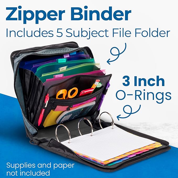 Case-it Mighty Zip Tab School Zipper Binder | 3-Inch O-Rings, 600-Sheet Capacity, 5-Subject Expanding File Folder, Multiple Pockets & Storage Organizer, Shoulder Strap | D-146 Jet Black | 6 Pack