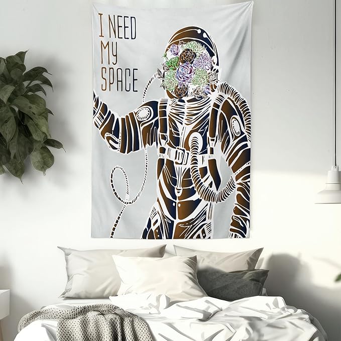 Ambesonne Outer Space Tapestry, Funny Love Words with a Floral Head Cosmonaut Pilot Man Humor Illustration, Wall Hanging for Bedroom Living Room Dorm Decor, 40" X 60", Grey Brown