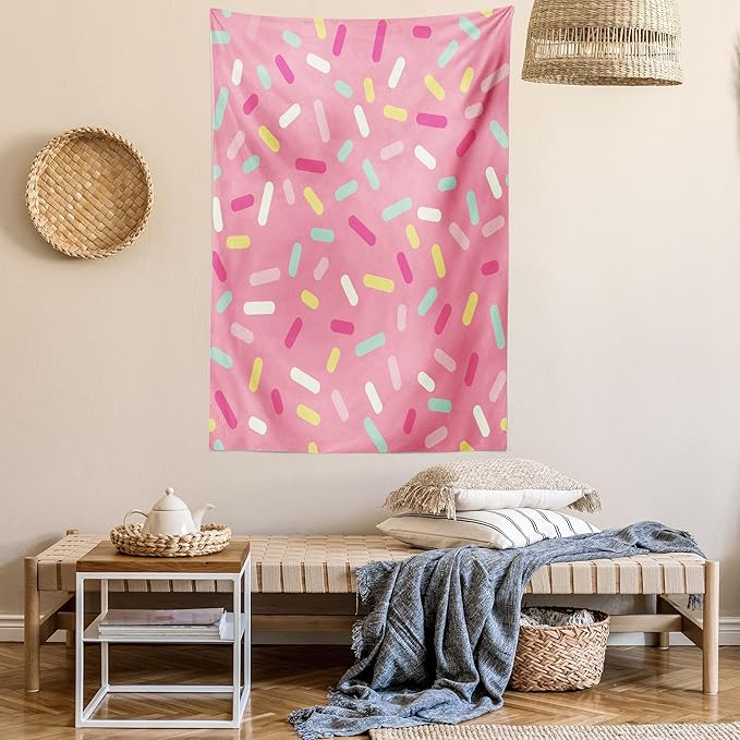 Ambesonne Pink and White Tapestry, Abstract Pattern of Colorful Donut Sprinkles Tasty Food Bakery Theme, Wall Hanging for Bedroom Living Room Dorm Decor, 40" X 60", Pink Yellow