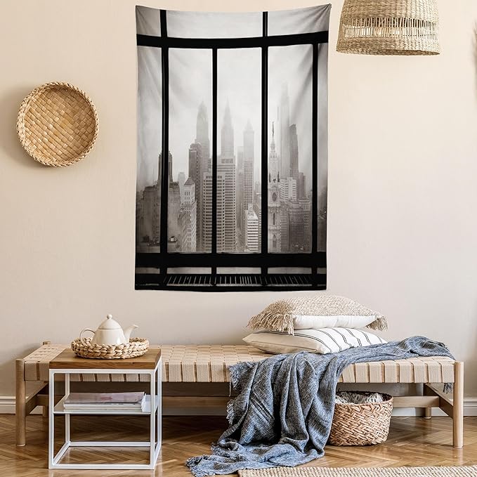 Ambesonne City Tapestry, Philadelphia City Rooftop View Through Window Skyline Landmark Rooftop Travel, Fabric Wall Hanging Decor for Bedroom Living Room Dorm, 30" X 45", Grey Black