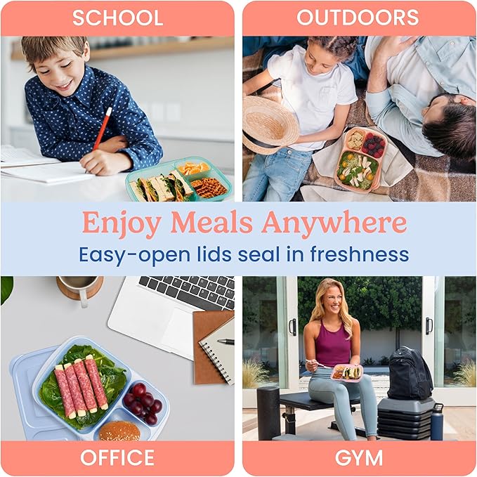 Bentgo Easyboxes - Original Stackable Lunch Boxes - Reusable 3-Compartment Food Containers for Kids and Adults - Bento Lunch Box for Meal Prep, School, & Work - BPA Free, Set of 4 (Pastels)