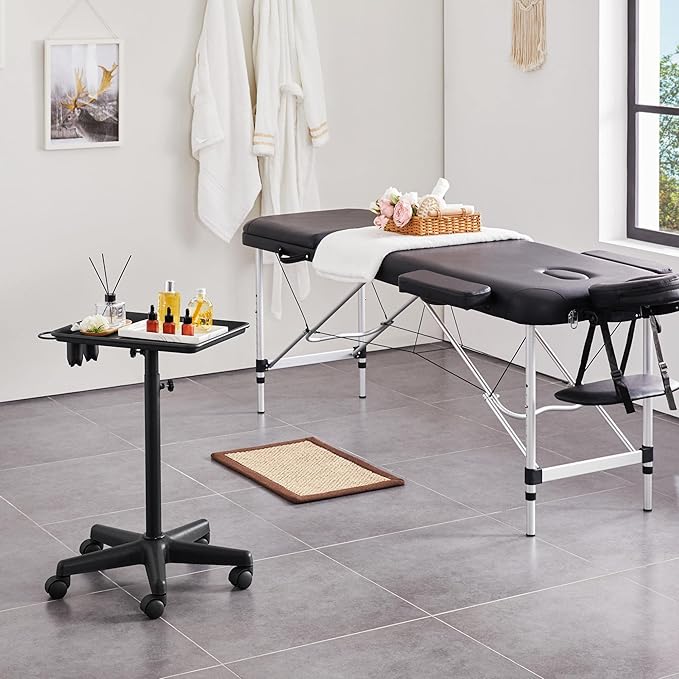 Yaheetech Rolling Salon Tray - Aluminum Trolley Cart Equipment on Wheels & Adjustable Height Mobile Beauty Salon Spa Stools Service Instrument Storage Tray w/Accessory Caddy - Black