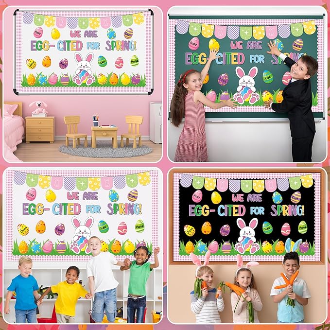 Easter Bulletin Board Decoration Set Spring Bunny Writable Easter Egg Paper Cutouts We are Egg Cited for Spring Classroom Decoration for Party School Classroom Home Nursery Chalkboard Wall Decor