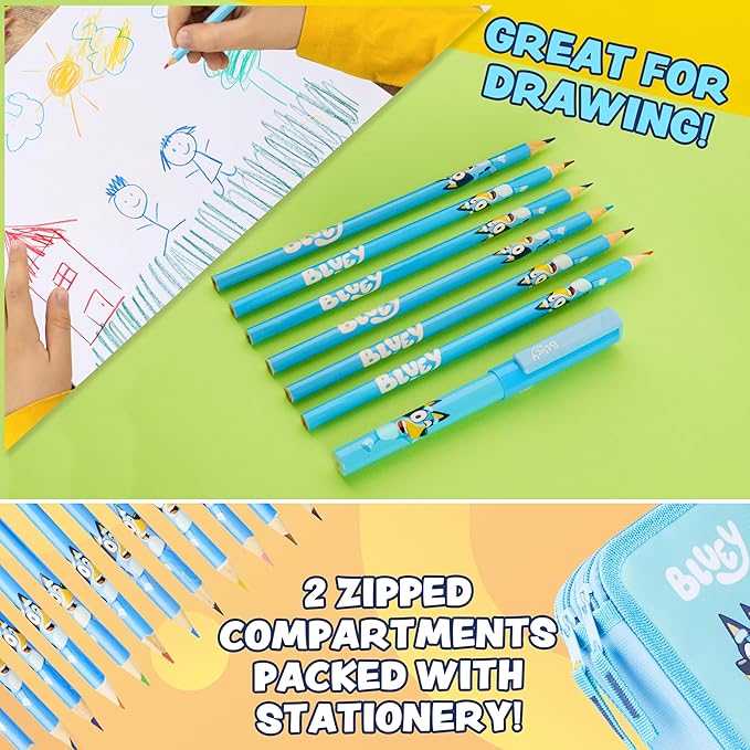Bluey Filled Pencil Case for Kids with 2 Compartments, Stationery Included - Primary School Supplies