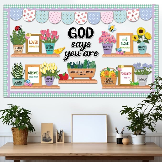 63 PCS Christian Bulletin Board Set God Says You are Religious Classroom Decoration Religious Plant Inspirational Paper Cutouts for Spring Church Sunday School Home Wall Window Supplies