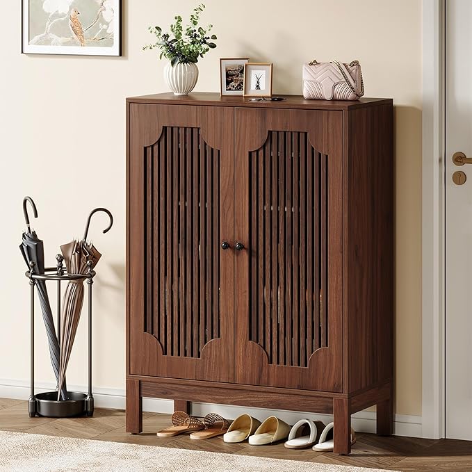 Tribesigns Shoe Cabinet with Doors, 5-Tier Shoe Storage Cabinet with Adjustable Shelves, 20 Pairs Wooden Shoe Rack Organizer, Tall Narrow Shoe Cabinet for Entryway, Hallway, Closet, Walnut, Set of 2