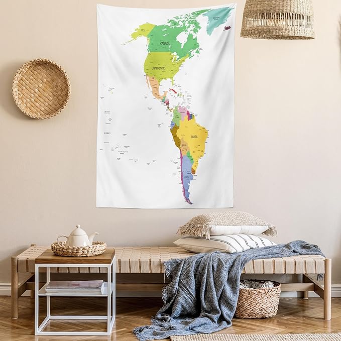 Ambesonne Map Tapestry Twin Size, Map of South and North America with Countries Capitals and Major Cities Colorful Design, Wall Hanging Bedspread Bed Cover Wall Decor, 68" X 88", Green White