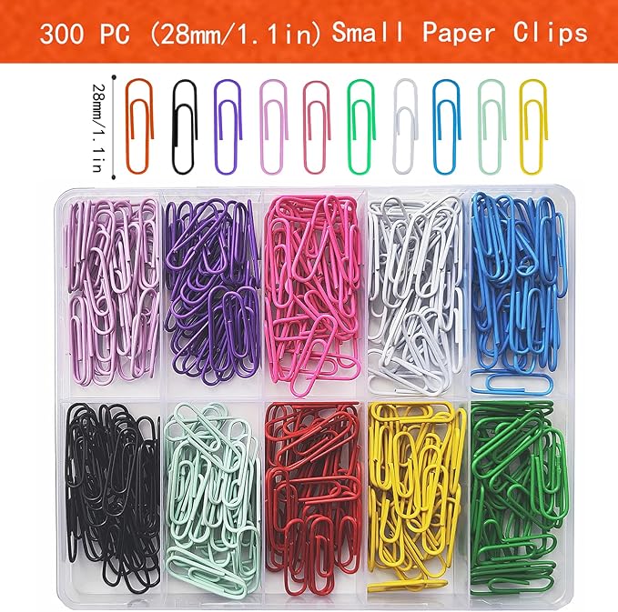 300 Pcs Small Size Colored Paper Clips 28mm/1.1in with Plastic Box for School Office and Personal Use