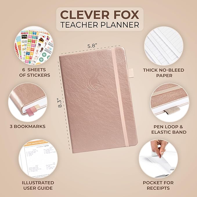 Clever Fox Teacher Planner – School Year Planner with Calendars & Lesson Plans – Teacher Plan Book for Classroom & Homeschool Organization - Undated, A5 Size, Hardcover (Rose Gold)